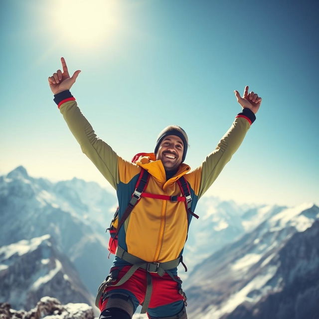 A mountaineer celebrating at the peak of a majestic mountain, raising arms triumphantly against a clear blue sky