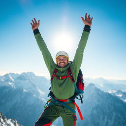 A mountaineer celebrating at the peak of a majestic mountain, raising arms triumphantly against a clear blue sky