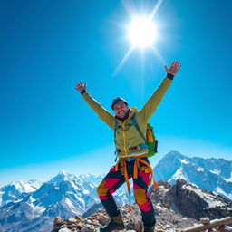 A mountaineer celebrating at the peak of a majestic mountain, raising arms triumphantly against a clear blue sky