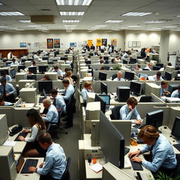 A bustling office environment from the year 2005, showcasing the dynamics of a workplace with 200 employees