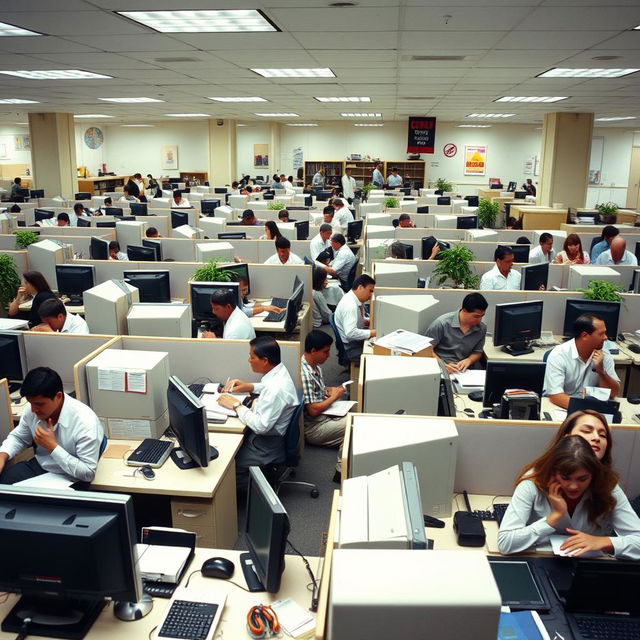 A bustling office environment from the year 2005, showcasing the dynamics of a workplace with 200 employees