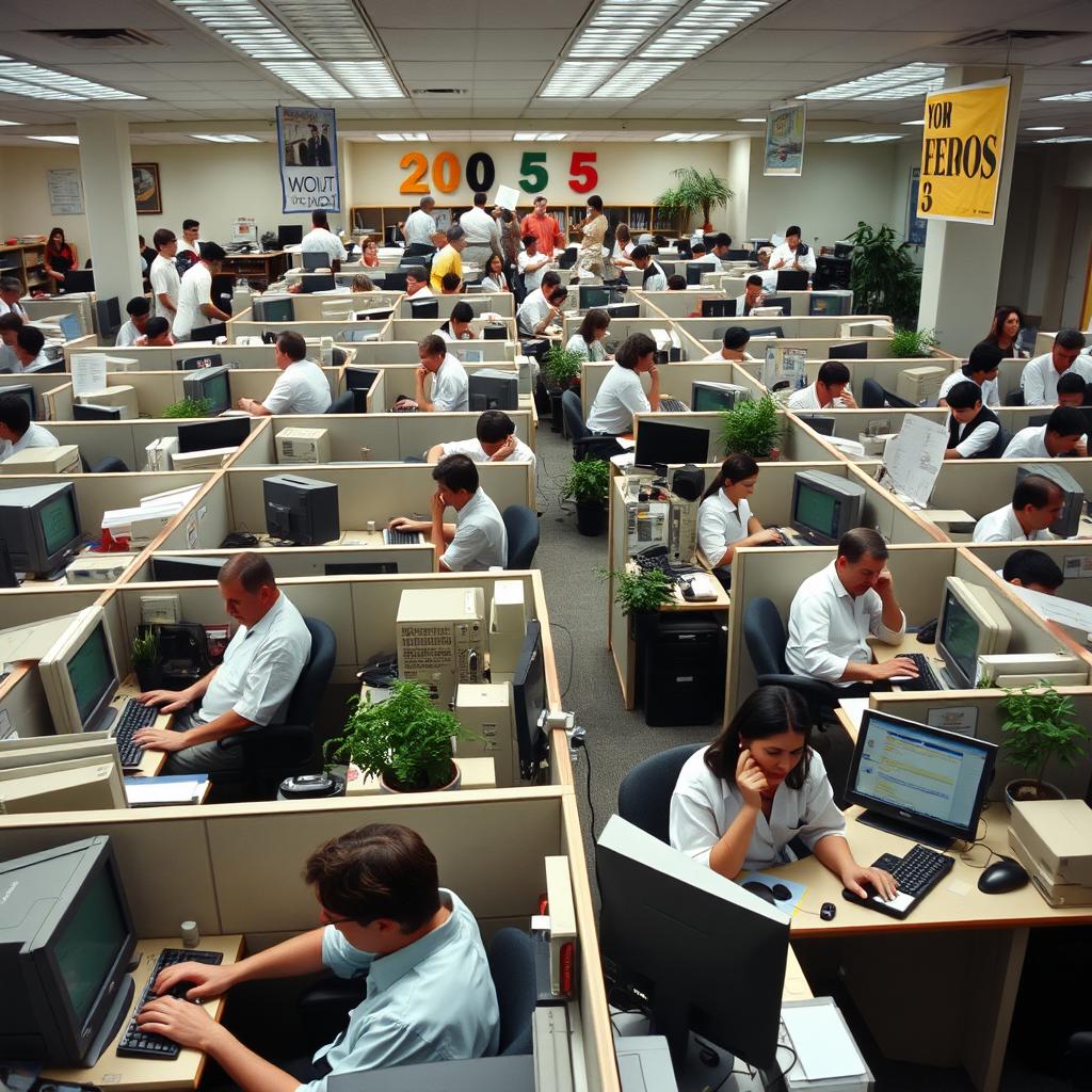 A bustling office environment from the year 2005, showcasing the dynamics of a workplace with 200 employees