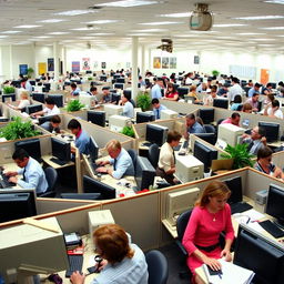 A bustling office environment from the year 2005, showcasing the dynamics of a workplace with 200 employees