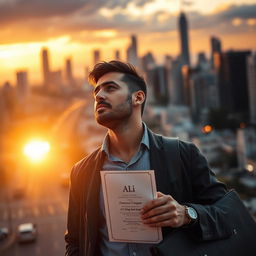 A dramatic and inspiring scene capturing a man named Ali in a reflective moment, standing at a crossroads in life