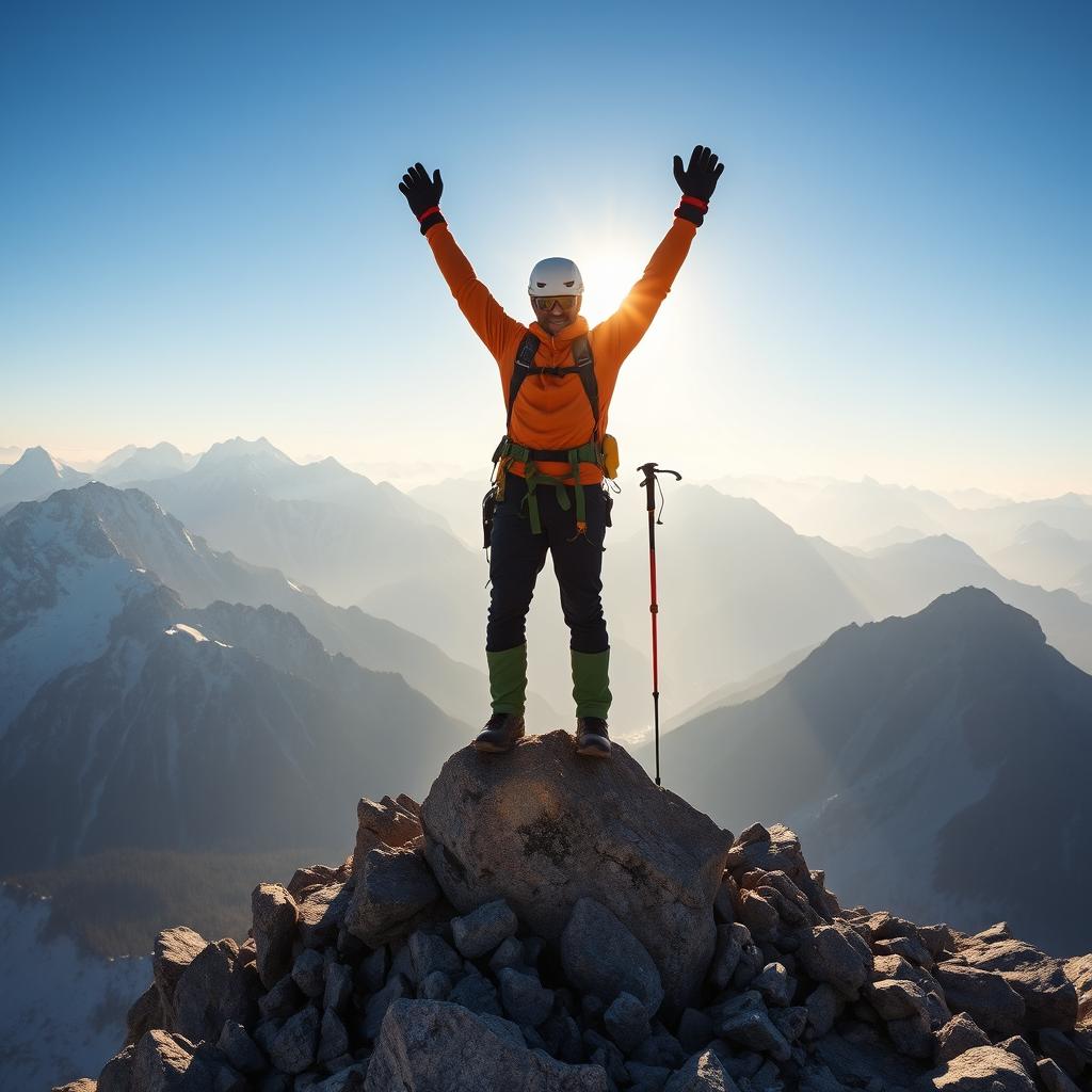 A triumphant mountaineer standing on a rocky peak, arms raised in celebration, surrounded by snow-capped mountains and a clear blue sky