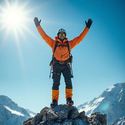 A triumphant mountaineer standing on a rocky peak, arms raised in celebration, surrounded by snow-capped mountains and a clear blue sky