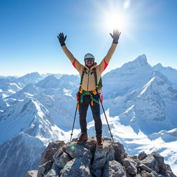 A triumphant mountaineer standing on a rocky peak, arms raised in celebration, surrounded by snow-capped mountains and a clear blue sky
