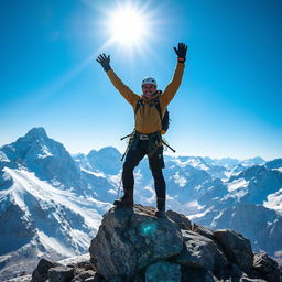 A triumphant mountaineer standing on a rocky peak, arms raised in celebration, surrounded by snow-capped mountains and a clear blue sky