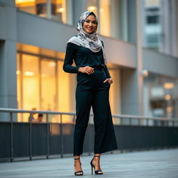 A gorgeous 40-year-old woman wearing a stylish hijab and high fashion heels