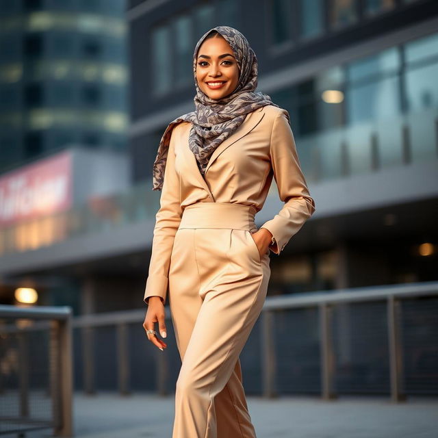 A gorgeous 40-year-old woman wearing a stylish hijab and high fashion heels