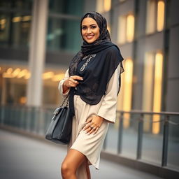 A gorgeous 40-year-old woman wearing a stylish hijab and high fashion heels
