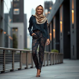 A gorgeous 40-year-old woman wearing a stylish hijab and high fashion heels