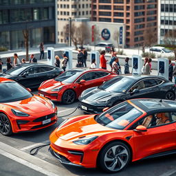 A collection of various types of electric vehicles displayed in an urban setting