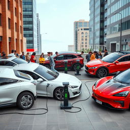 A collection of various types of electric vehicles displayed in an urban setting