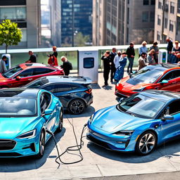 A collection of various types of electric vehicles displayed in an urban setting
