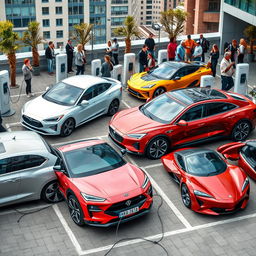 A collection of various types of electric vehicles displayed in an urban setting