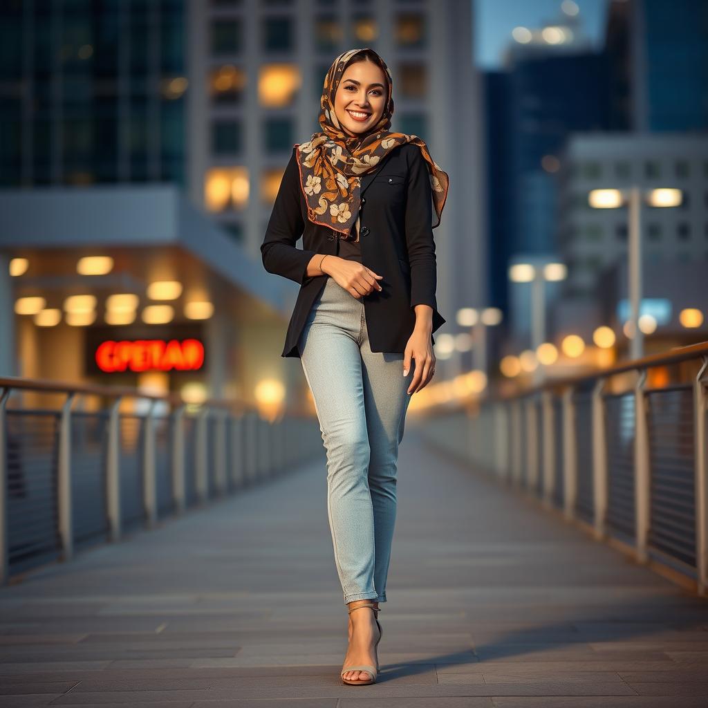 A gorgeous 40-year-old woman wearing a stylish hijab and high fashion heels