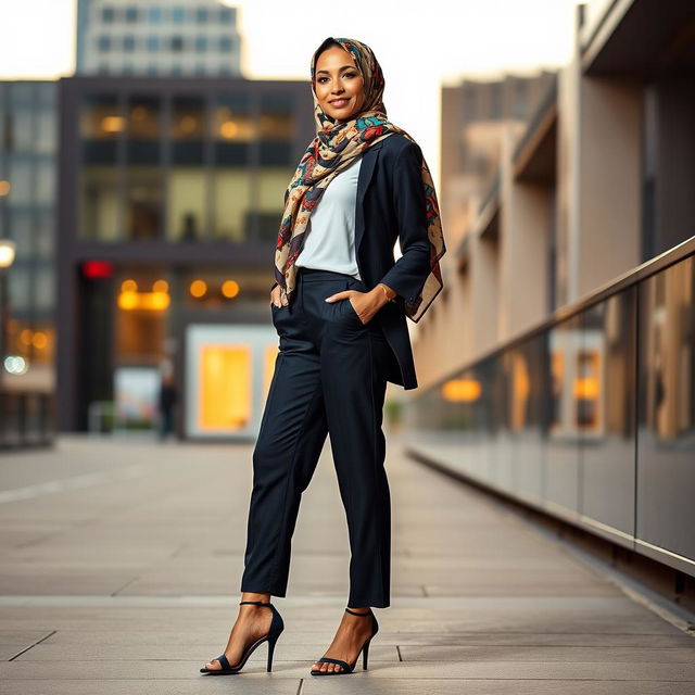 A gorgeous 40-year-old woman wearing a stylish hijab and high fashion heels