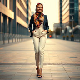 A gorgeous 40-year-old woman wearing a stylish hijab and high fashion heels