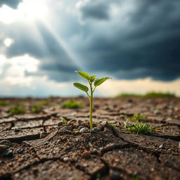 A small seedling sprouting from cracked, dry earth, symbolizing hope and resilience in harsh, challenging conditions
