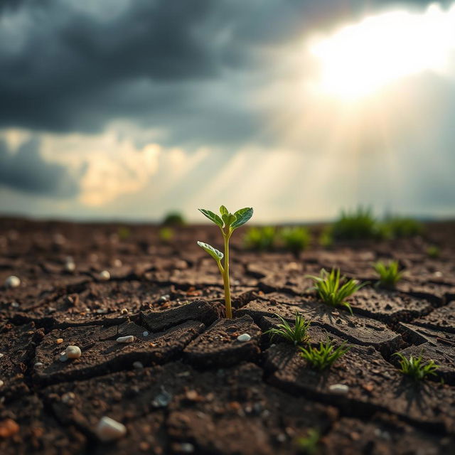 A small seedling sprouting from cracked, dry earth, symbolizing hope and resilience in harsh, challenging conditions