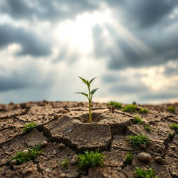 A small seedling sprouting from cracked, dry earth, symbolizing hope and resilience in harsh, challenging conditions