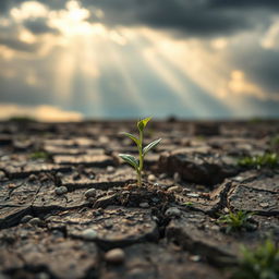 A small seedling sprouting from cracked, dry earth, symbolizing hope and resilience in harsh, challenging conditions