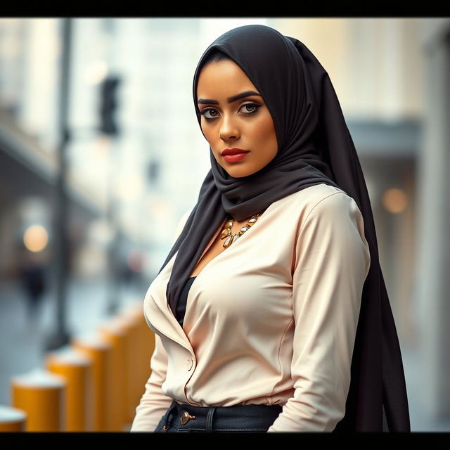 A gorgeous 40-year-old woman wearing a stylish hijab and high fashion heels