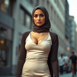 A gorgeous 40-year-old woman wearing a stylish hijab and high fashion heels