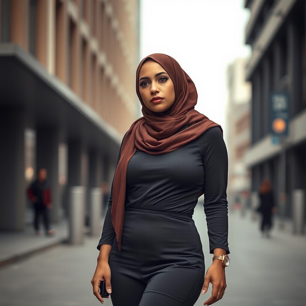 A gorgeous 40-year-old woman wearing a stylish hijab and high fashion heels