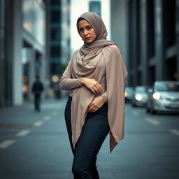 A gorgeous 40-year-old woman wearing a stylish hijab and high fashion heels