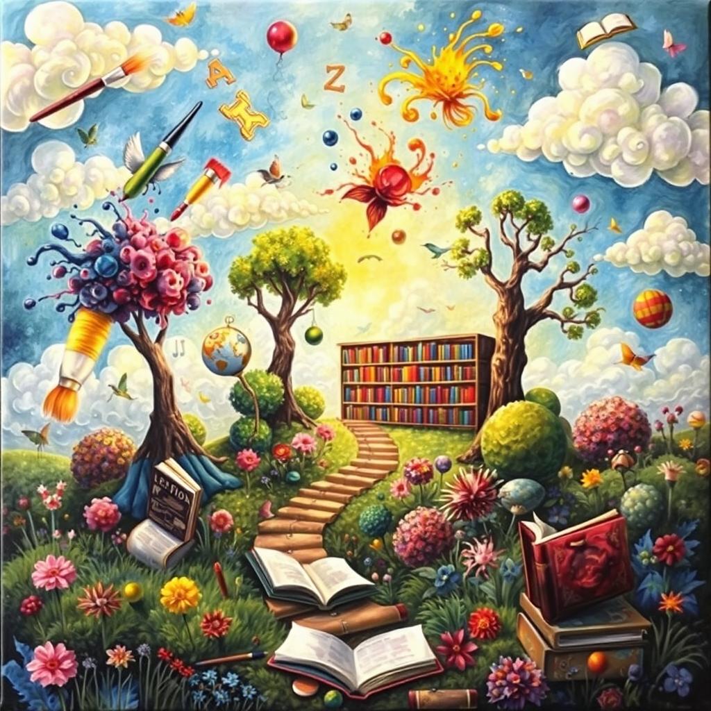 A vibrant acrylic art piece depicting an enchanting world that blends elements of art and literature