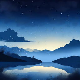 A high-quality digital art piece capturing the serene beauty of the blue hour, with a dark blue sky speckled with stars and silhouetted landscape below