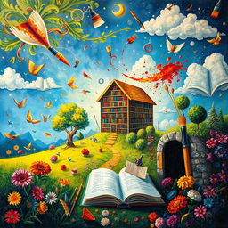 A vibrant acrylic art piece depicting an enchanting world that blends elements of art and literature