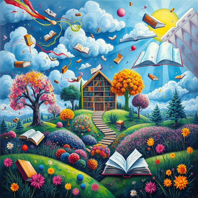 A vibrant acrylic art piece depicting an enchanting world that blends elements of art and literature