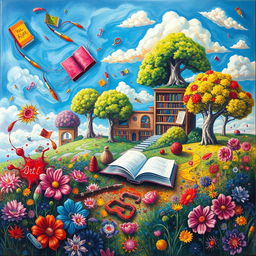 A vibrant acrylic art piece depicting an enchanting world that blends elements of art and literature