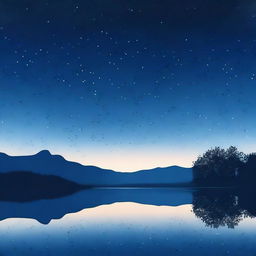 A high-quality digital art piece capturing the serene beauty of the blue hour, with a dark blue sky speckled with stars and silhouetted landscape below