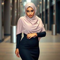 A gorgeous 40-year-old European woman wearing a stylish hijab and high fashion heels, showcasing her fit body