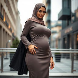 A gorgeous 40-year-old European woman wearing a stylish hijab and high fashion heels, showcasing her fit body