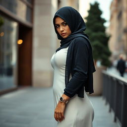 A gorgeous 40-year-old European woman wearing a stylish hijab and high fashion heels, showcasing her fit body