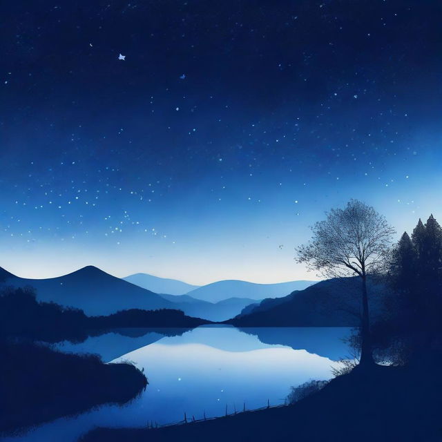 A high-quality digital art piece capturing the serene beauty of the blue hour, with a dark blue sky speckled with stars and silhouetted landscape below