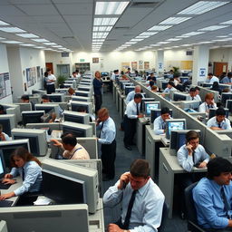 A bustling office environment from the year 2005, showcasing the dynamics of a workplace with 200 employees