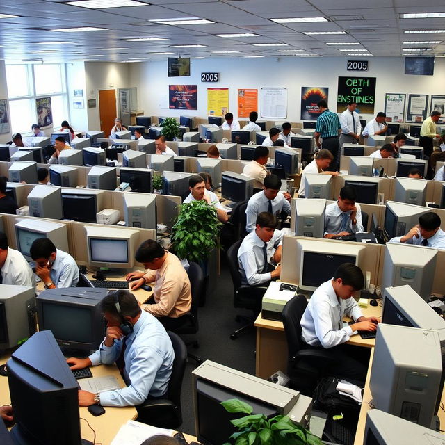 A bustling office environment from the year 2005, showcasing the dynamics of a workplace with 200 employees