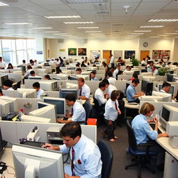 A bustling office environment from the year 2005, showcasing the dynamics of a workplace with 200 employees