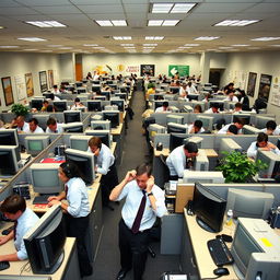 A bustling office environment from the year 2005, showcasing the dynamics of a workplace with 200 employees