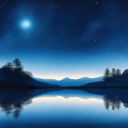 A high-quality digital art piece capturing the serene beauty of the blue hour, with a dark blue sky speckled with stars and silhouetted landscape below