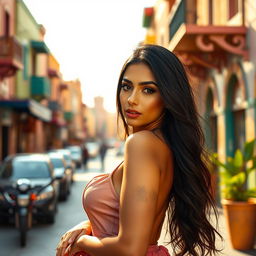 A stunning Arabic woman with an attractive figure, wearing a fashionable outfit that accentuates her curves