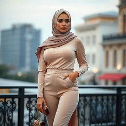 A stunning 40-year-old European woman wearing a fashionable hijab and high fashion heels, showcasing her fit body and curvaceous figure with large breasts and a prominent silhouette