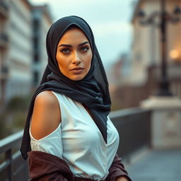 A stunning 40-year-old European woman wearing a fashionable hijab and high fashion heels, showcasing her fit body and curvaceous figure with large breasts and a prominent silhouette