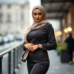 A stunning 40-year-old European woman wearing a fashionable hijab and high fashion heels, showcasing her fit body and curvaceous figure with large breasts and a prominent silhouette